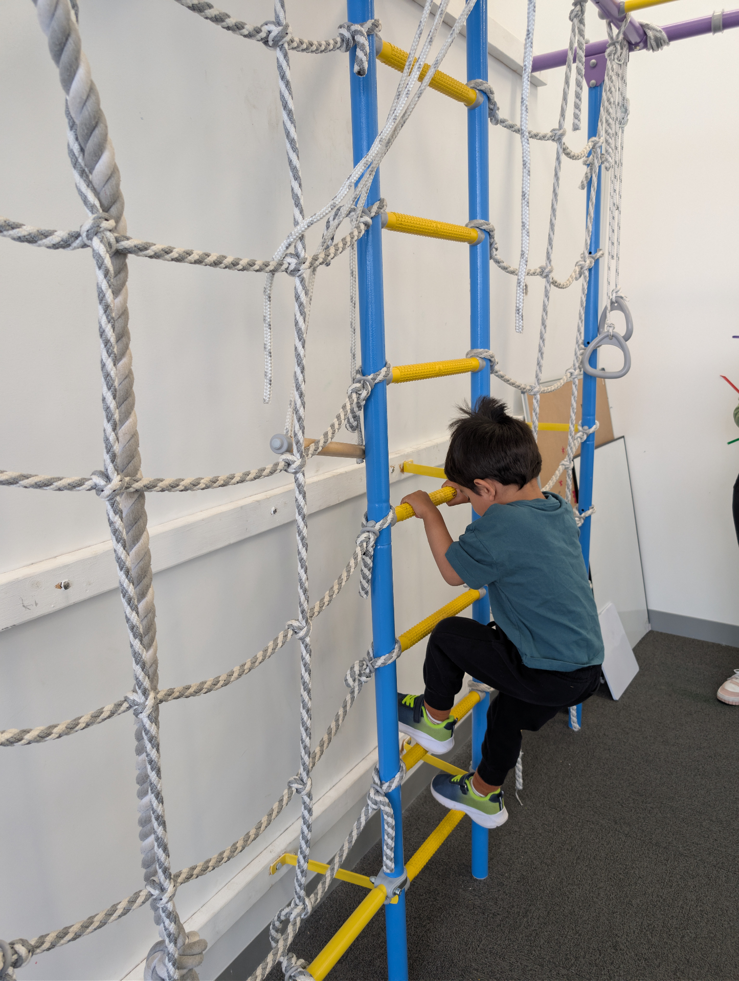 Child on climbing frame during gross motor therapy