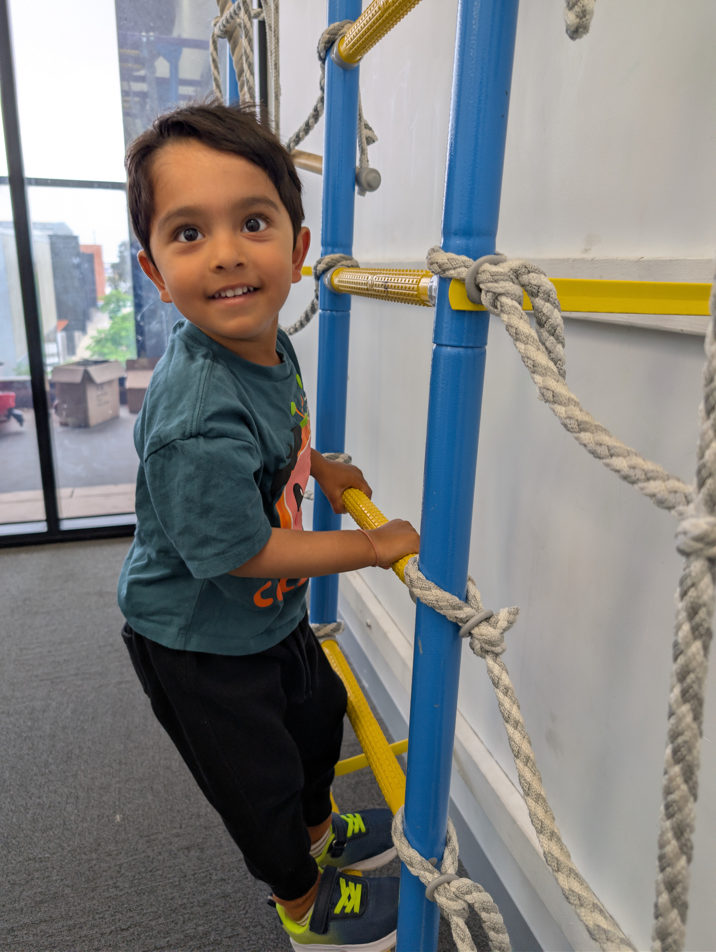 Child smiling on climbing frame