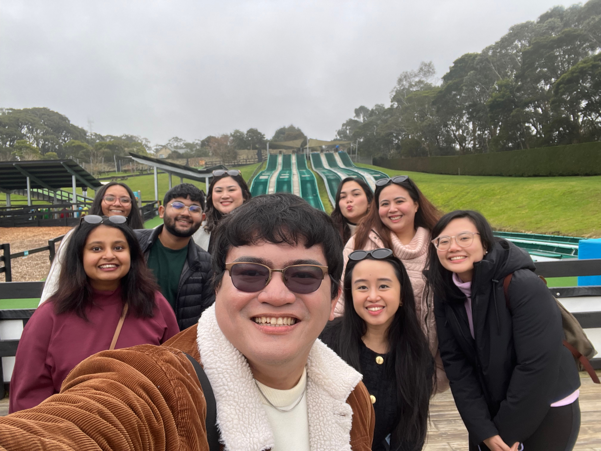 Team having fun on slides