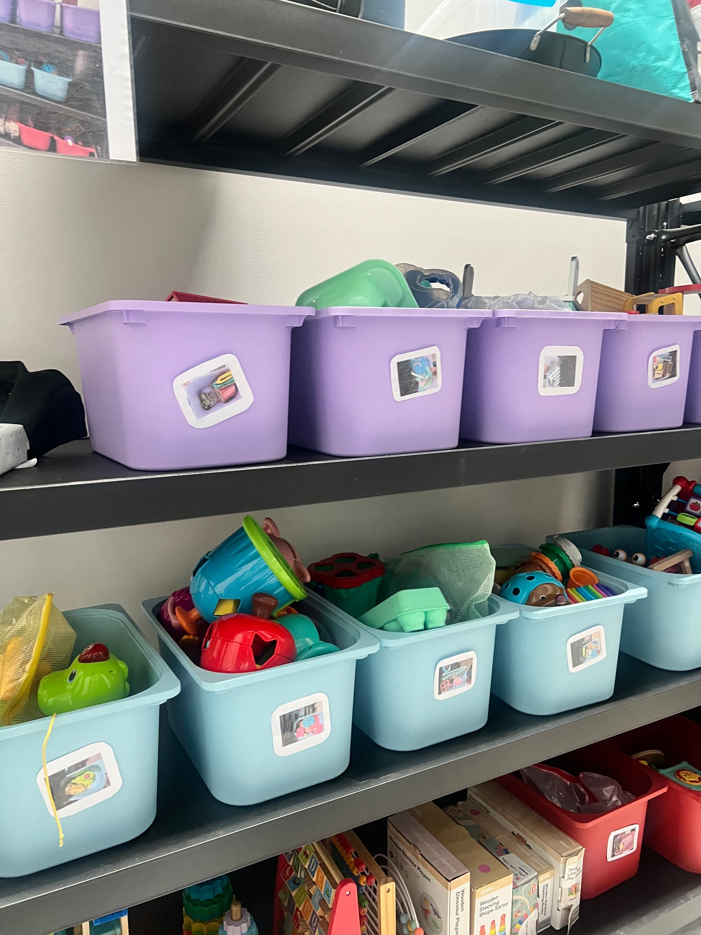 Organized therapy toys on shelves